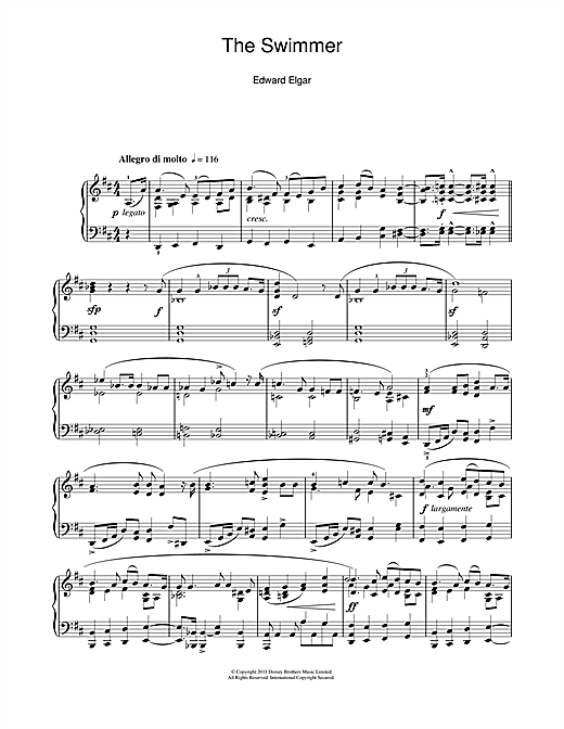 Learn to play Edward Elgar The Swimmer (Sea Pictures Op. 37 No. 5) sheet music for Piano Solo in minutes. Edward Elgar The Swimmer (Sea Pictures Op. 37 No. 5) sheet music notes and chords. Download Printable PDF.
