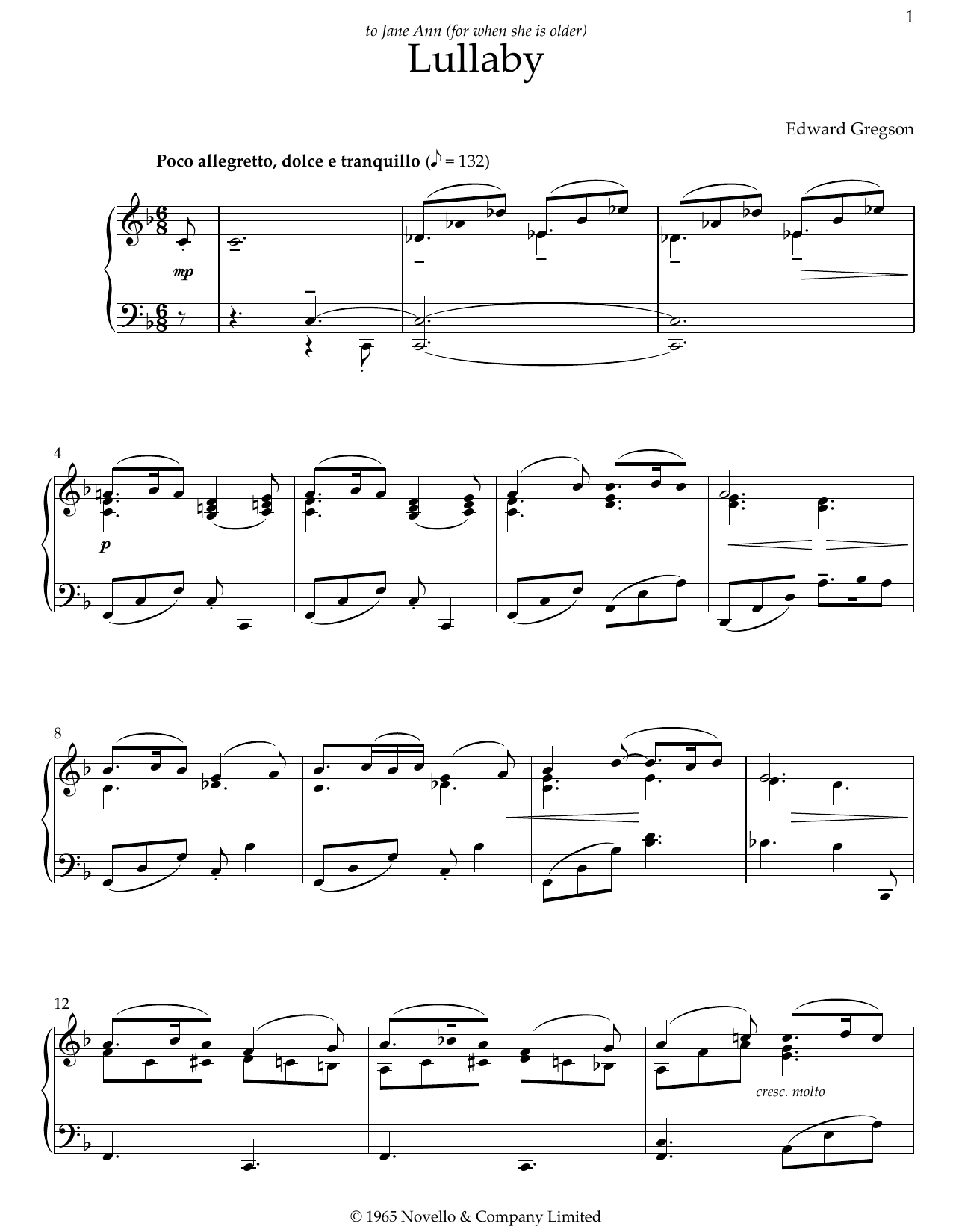 Edward Gregson Lullaby sheet music notes and chords. Download Printable PDF.