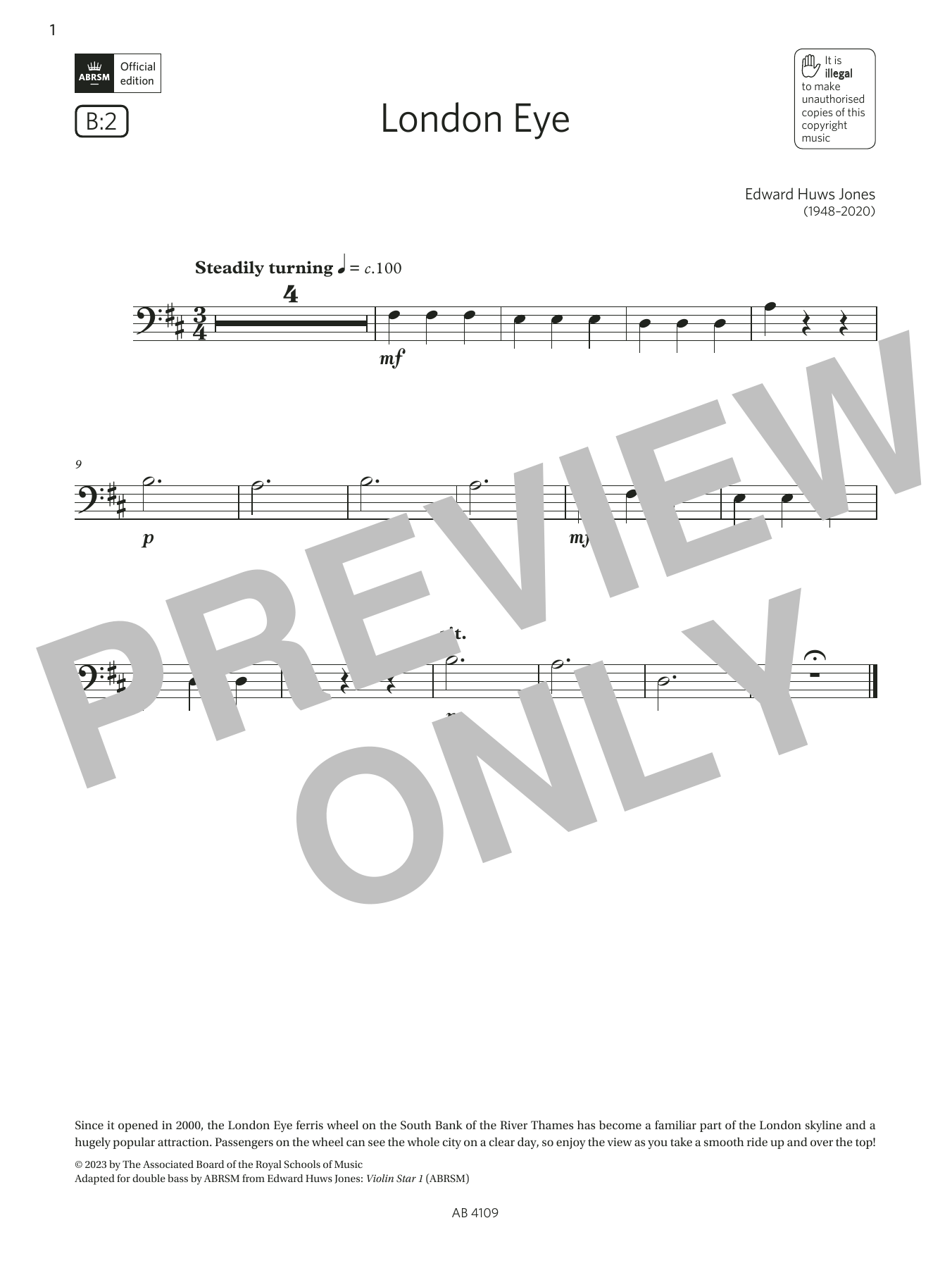 Learn to play Edward Huws Jones London Eye (Grade Initial, B2, from the ABRSM Double Bass Syllabus from 2024) sheet music for String Bass Solo in minutes. Price: 3.9900$ Edward Huws Jones London Eye (Grade Initial, B2, from the ABRSM Double Bass Syllabus from 2024) sheet music notes and chords arranged for String Bass Solo