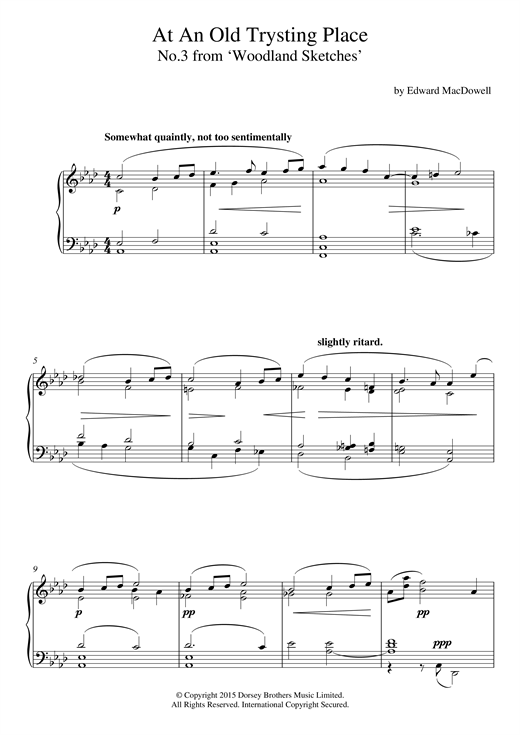 Learn to play Edward MacDowell At An Old Trysting Place (10 Woodland Sketches, Op.51, No.3) sheet music for Piano Solo in minutes. Edward MacDowell At An Old Trysting Place (10 Woodland Sketches, Op.51, No.3) sheet music notes and chords. Download Printable PDF.