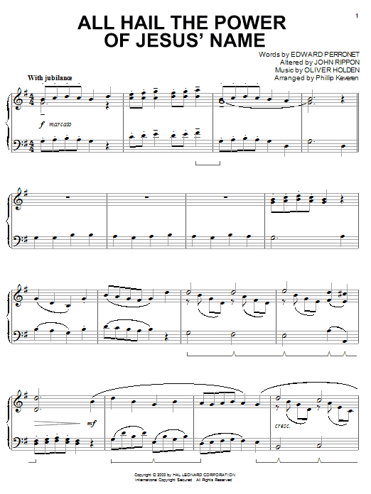 Learn to play Edward Perronet All Hail The Power Of Jesus' Name sheet music for Beginning Piano Solo in minutes. Price: 6.9900$ Edward Perronet All Hail The Power Of Jesus' Name sheet music notes and chords arranged for Beginning Piano Solo