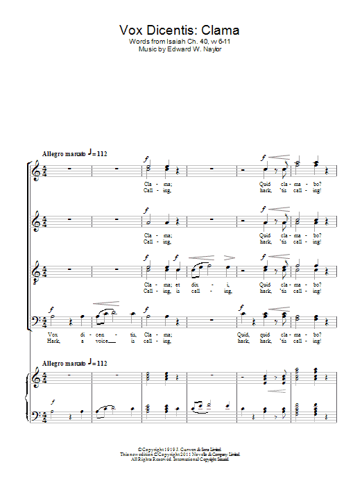 Learn to play Edward W. Naylor Vox Dicentis: Clama sheet music for SATB Choir in minutes. Price: 3.9900$ Edward W. Naylor Vox Dicentis: Clama sheet music notes and chords arranged for SATB Choir