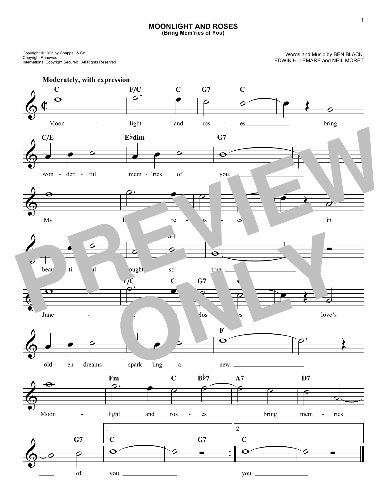 Learn to play Edwin Lemare Moonlight And Roses (Bring Mem'ries Of You) sheet music for Lead Sheet / Fake Book in minutes. Edwin Lemare Moonlight And Roses (Bring Mem'ries Of You) sheet music notes and chords. Download Printable PDF.