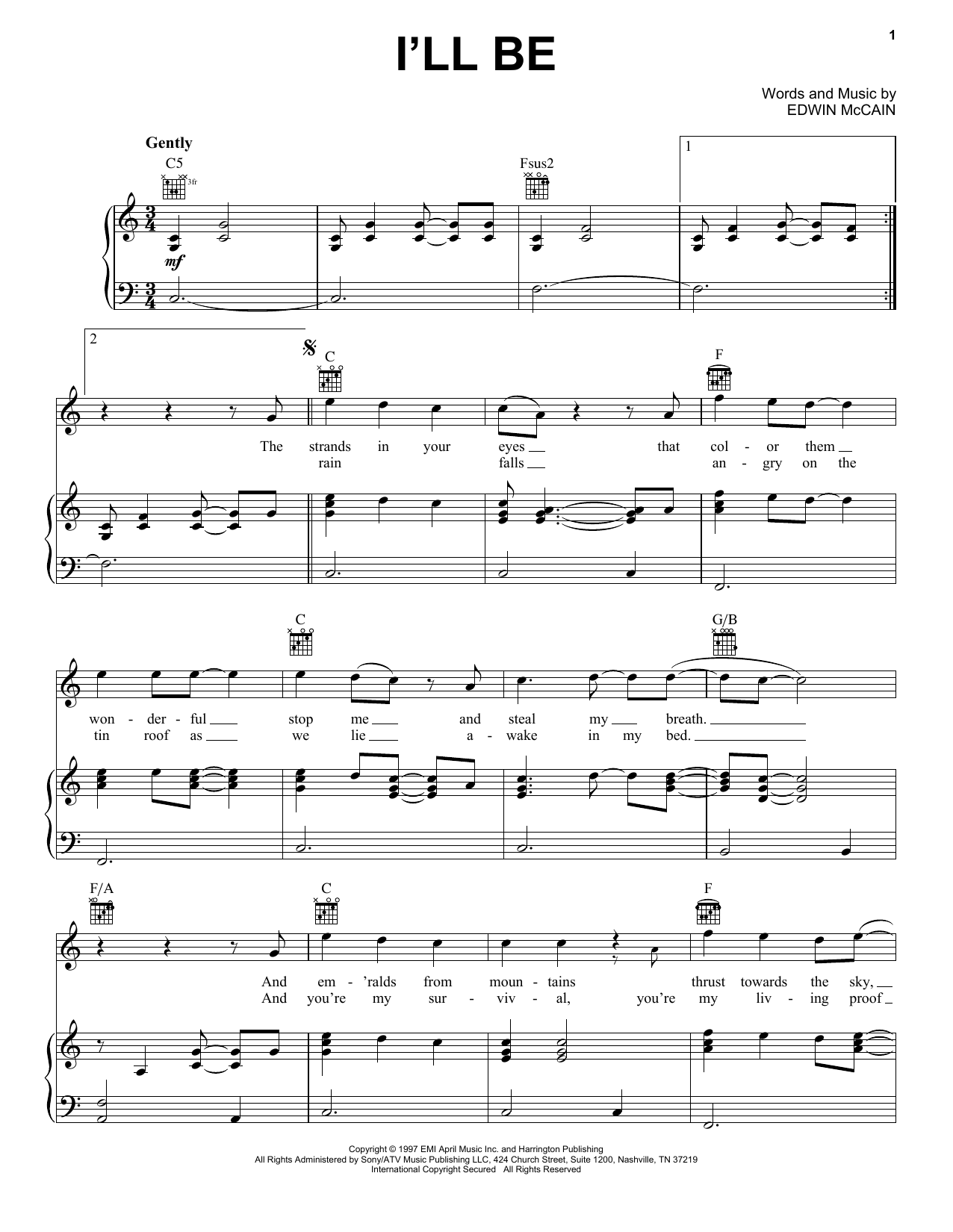 Edwin McCain I'll Be sheet music notes and chords. Download Printable PDF.