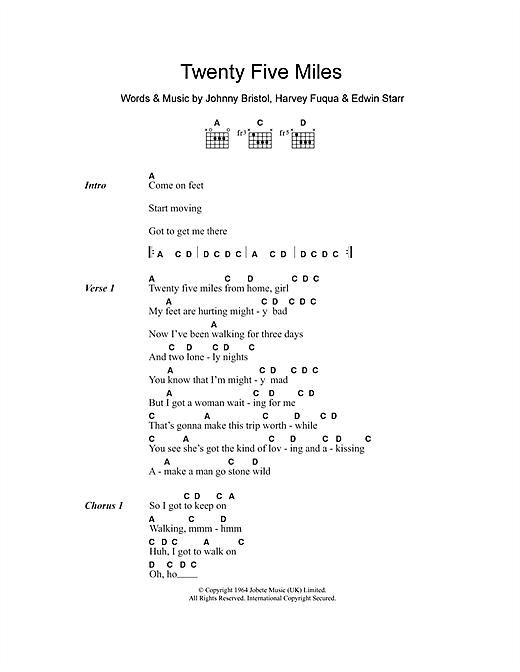 Learn to play Edwin Starr Twenty Five Miles sheet music for Guitar Chords/Lyrics in minutes. Edwin Starr Twenty Five Miles sheet music notes and chords. Download Printable PDF.