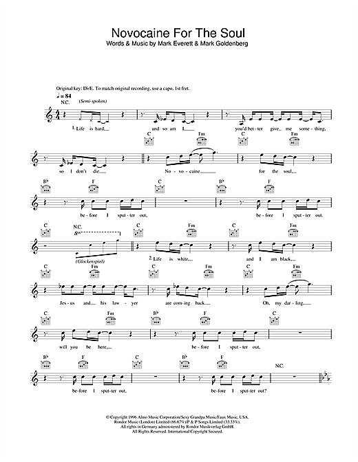 Learn to play Eels Novocaine For The Soul sheet music for Lead Sheet / Fake Book in minutes. Eels Novocaine For The Soul sheet music notes and chords. Download Printable PDF.