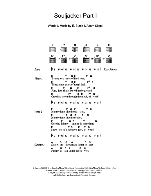 Learn to play Eels Souljacker Part I sheet music for Guitar Chords/Lyrics in minutes. Eels Souljacker Part I sheet music notes and chords. Download Printable PDF.