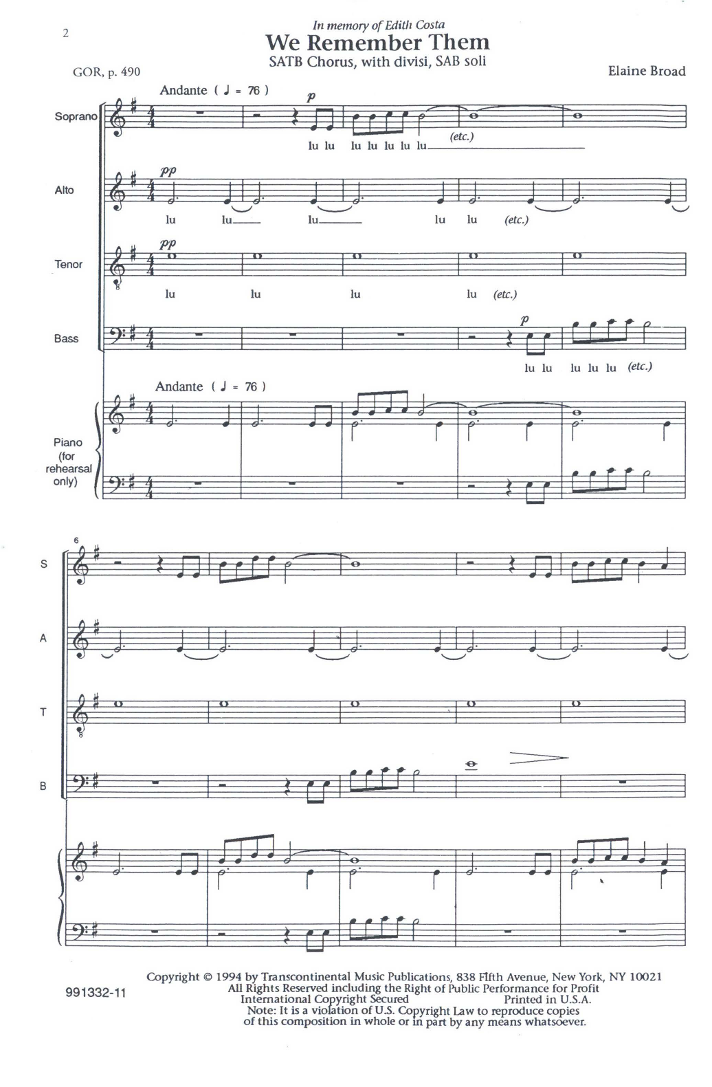 Learn to play Elaine Broad We Remember Them Soli, Rehearsal Piano sheet music for SATB Choir in minutes. Price: 3.9900$ Elaine Broad We Remember Them Soli, Rehearsal Piano sheet music notes and chords arranged for SATB Choir