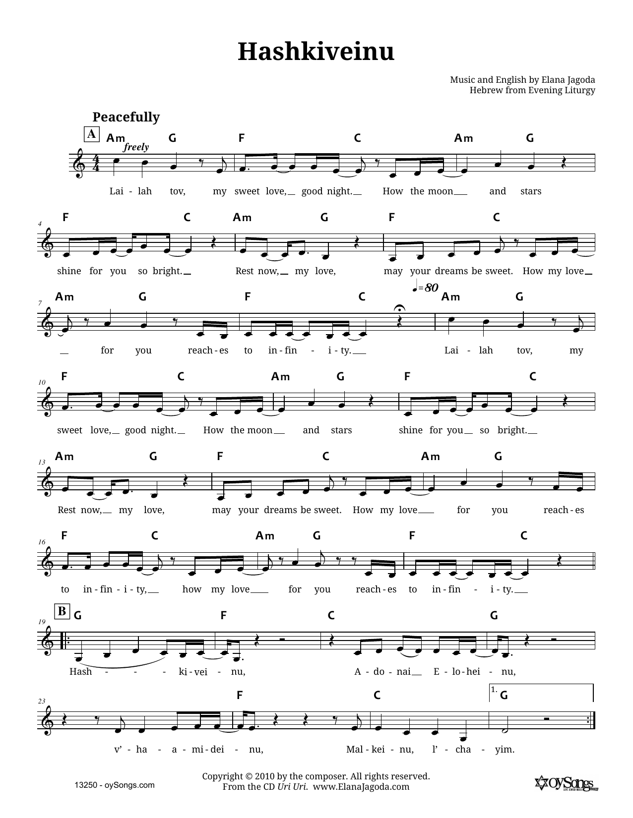 Elana Jagoda Hashkiveinu sheet music notes and chords. Download Printable PDF.