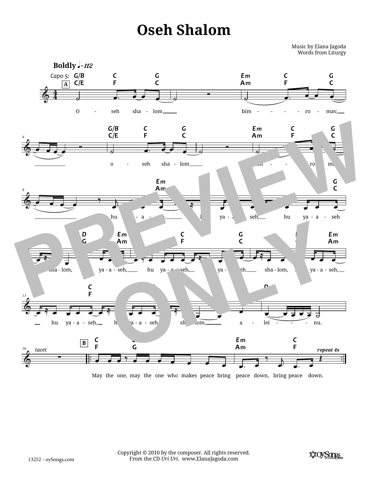 Elana Jagoda Oseh Shalom Sheet Music Notes Chords Download Printable Lead Sheet Fake Book Pdf Score Sku 189648