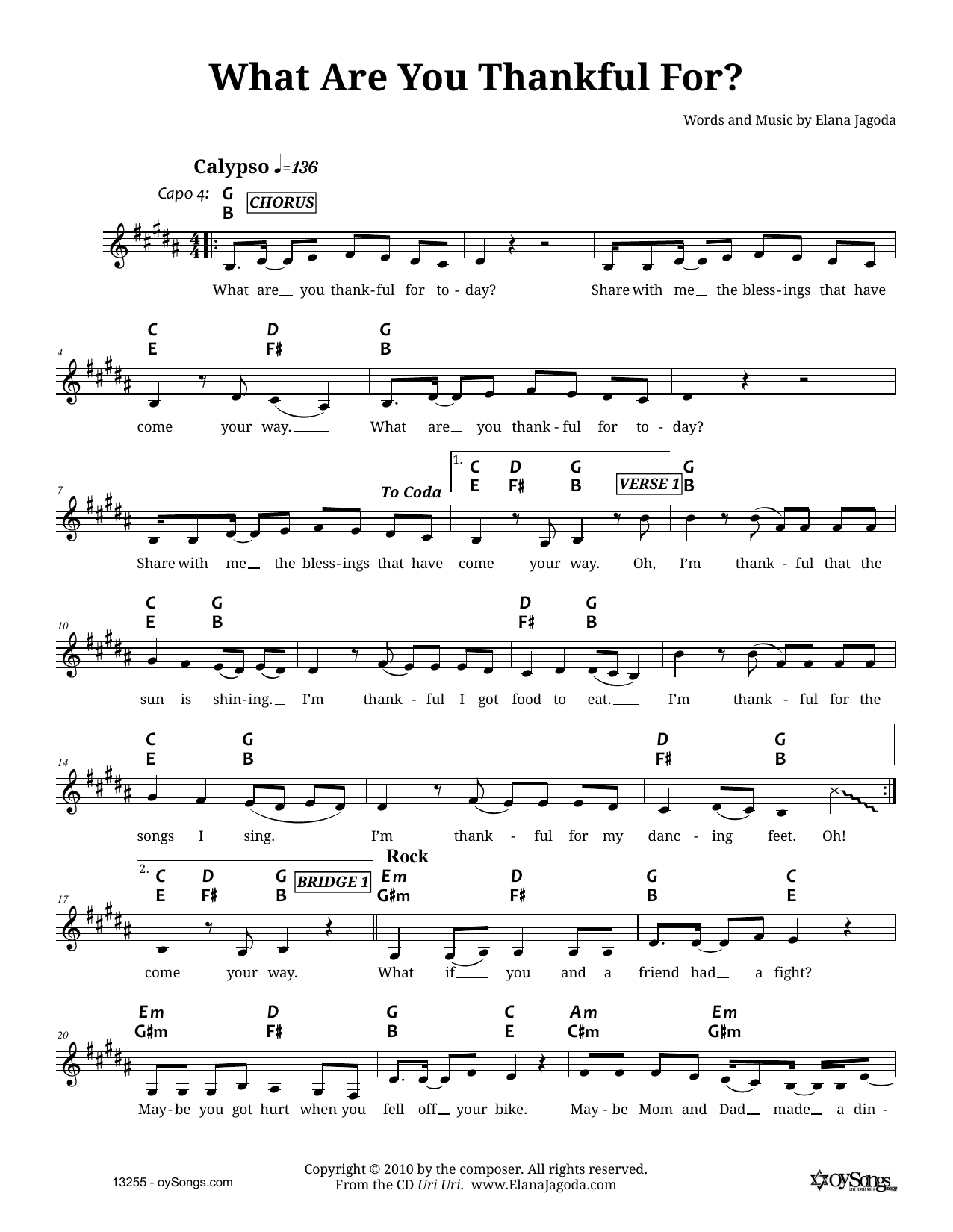 Learn to play Elana Jagoda What Are You Thankful For? sheet music for Lead Sheet / Fake Book in minutes. Price: 5.9900$ Elana Jagoda What Are You Thankful For? sheet music notes and chords arranged for Lead Sheet / Fake Book