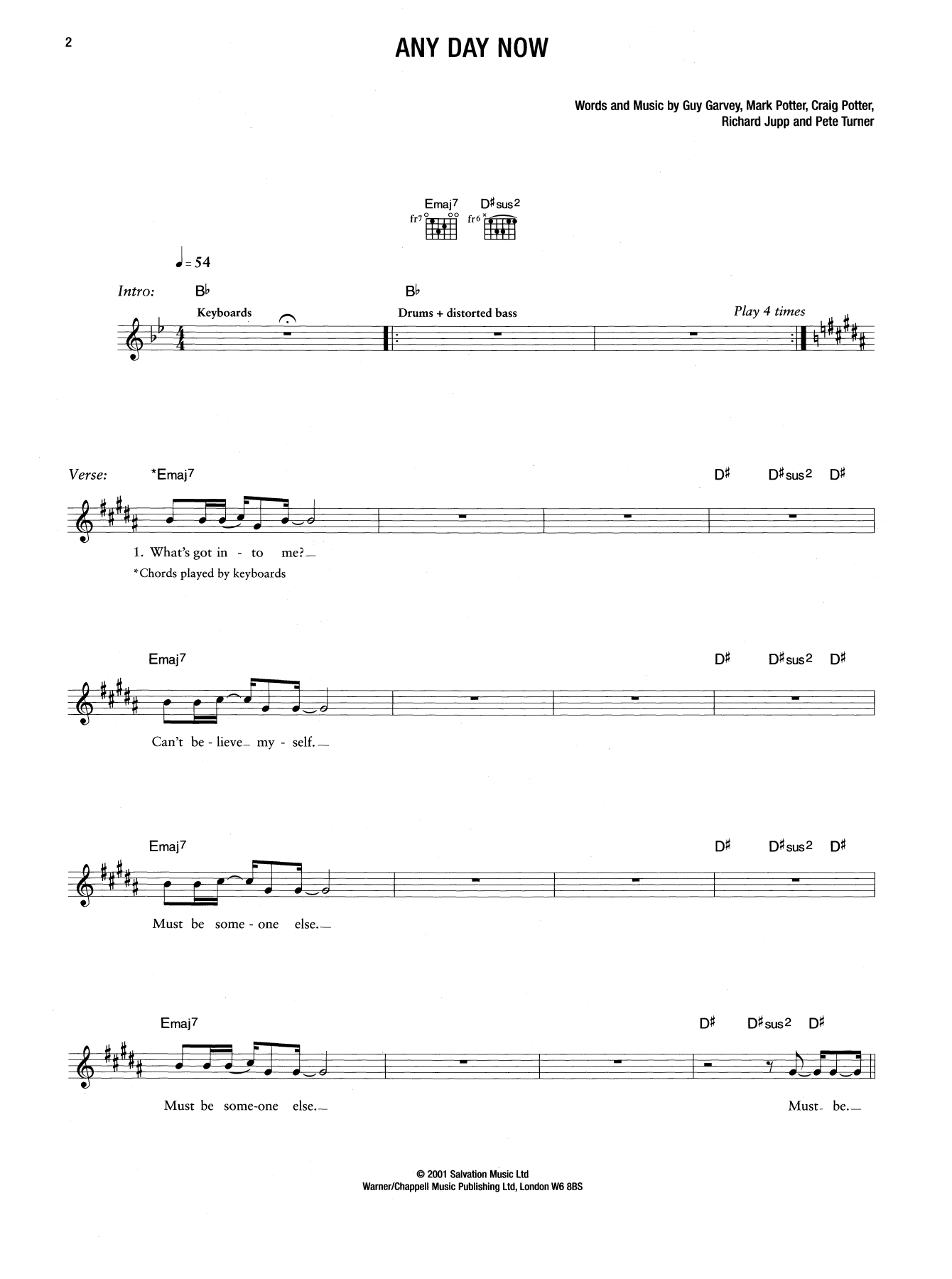 Elbow Any Day Now sheet music notes and chords. Download Printable PDF.