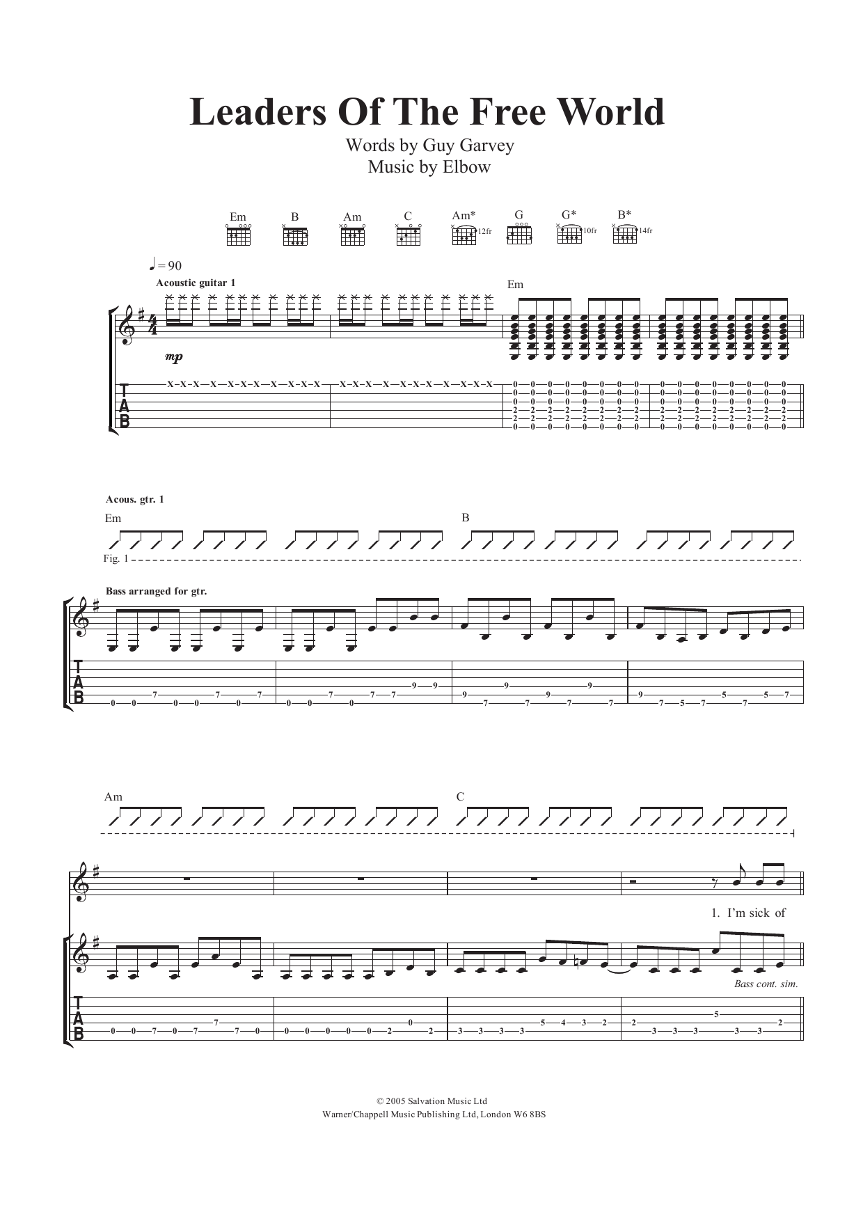 Learn to play Elbow Leaders Of The Free World sheet music for Guitar Tab in minutes. Price: 6.9900$ Elbow Leaders Of The Free World sheet music notes and chords arranged for Guitar Tab