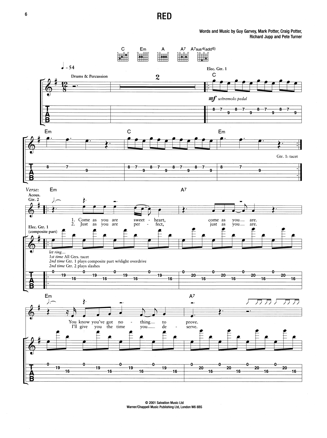 Elbow Red sheet music notes and chords. Download Printable PDF.