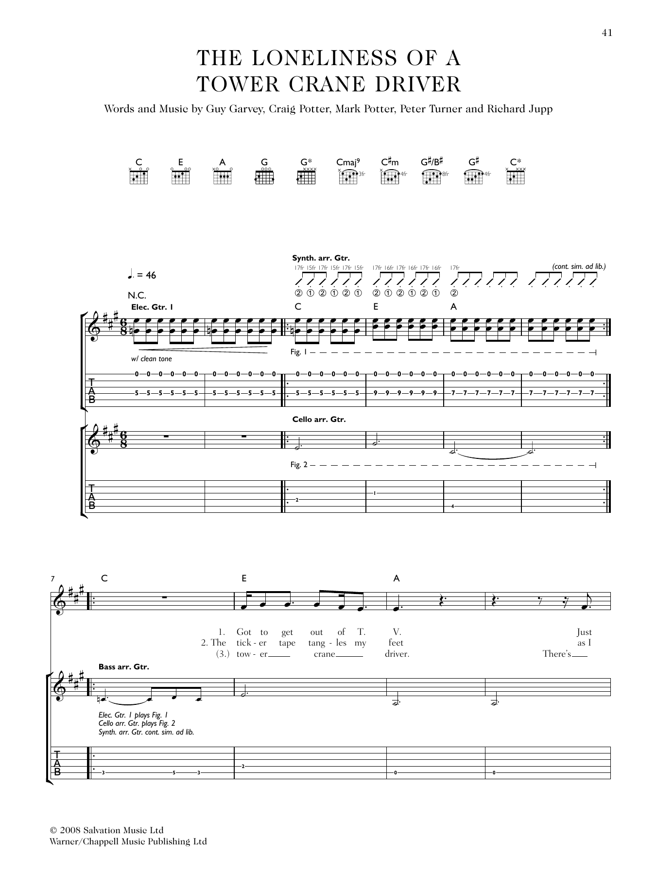 Learn to play Elbow The Loneliness Of A Tower Crane Driver sheet music for Guitar Tab in minutes. Price: 6.9900$ Elbow The Loneliness Of A Tower Crane Driver sheet music notes and chords arranged for Guitar Tab