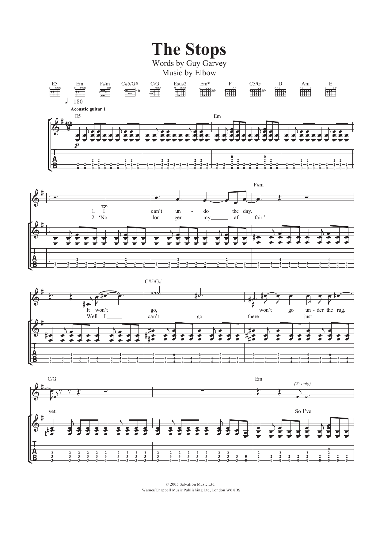 Elbow The Stops sheet music notes and chords. Download Printable PDF.