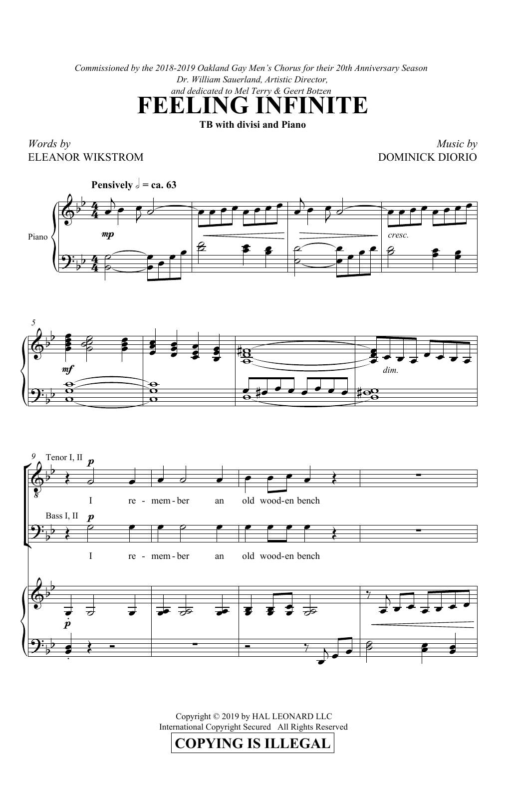Learn to play Eleanor Wikstrom and Dominick DiOrio Feeling Infinite sheet music for TTBB Choir in minutes. Price: 3.9900$ Eleanor Wikstrom and Dominick DiOrio Feeling Infinite sheet music notes and chords arranged for TTBB Choir