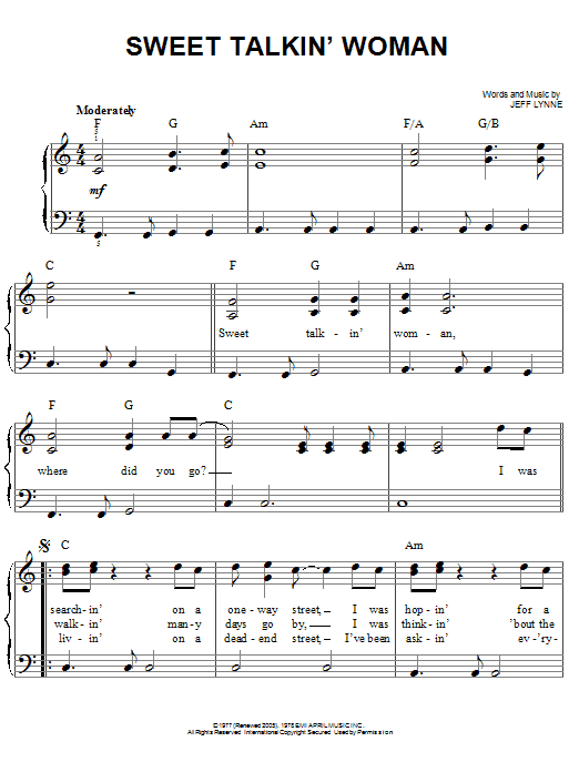 Electric Light Orchestra Sweet Talkin' Woman sheet music notes and chords. Download Printable PDF.