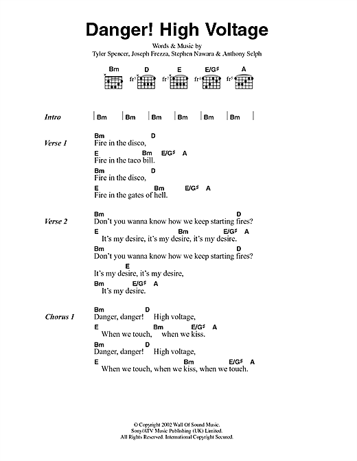 Learn to play Electric Six Danger! High Voltage sheet music for Lead Sheet / Fake Book in minutes. Electric Six Danger! High Voltage sheet music notes and chords. Download Printable PDF.