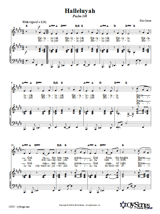 Learn to play Eliot Glaser Halleluyah (Psalm 148) sheet music for Piano, Vocal & Guitar Chords (Right-Hand Melody) in minutes. Price: 6.9900$ Eliot Glaser Halleluyah (Psalm 148) sheet music notes and chords arranged for Piano, Vocal & Guitar Chords (Right-Hand Melody)