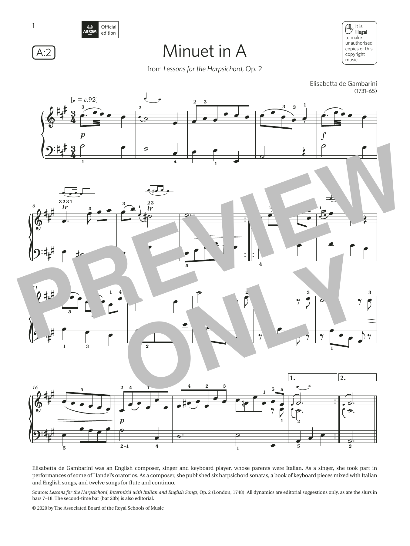 Elisabetta de Gambarini Minuet in A (Grade 2, list A2, from the ABRSM Piano Syllabus 2021 & 2022) sheet music notes and chords arranged for Piano Solo