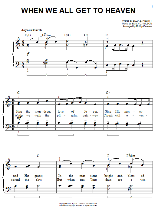 Learn to play Eliza E. Hewitt When We All Get To Heaven sheet music for Piano Solo in minutes. Eliza E. Hewitt When We All Get To Heaven sheet music notes and chords. Download Printable PDF.