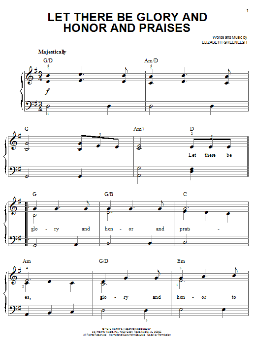 Elizabeth Greenelsh Let There Be Glory And Honor And Praises sheet music notes and chords. Download Printable PDF.