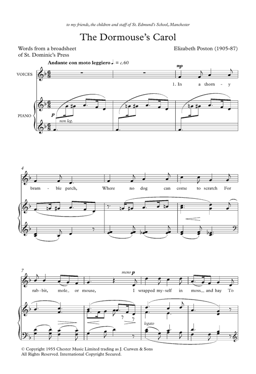 Learn to play Elizabeth Poston The Dormouse's Carol sheet music for Unison Choir in minutes. Price: 3.9900$ Elizabeth Poston The Dormouse's Carol sheet music notes and chords arranged for Unison Choir