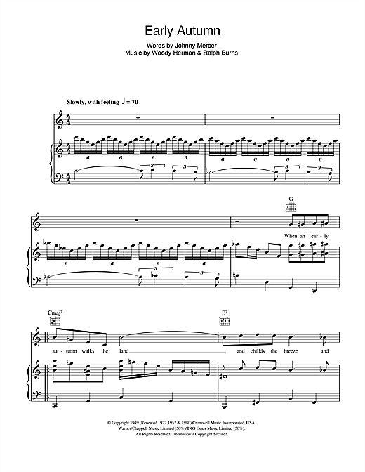 Learn to play Ella Fitzgerald Early Autumn sheet music for Piano, Vocal & Guitar (Right-Hand Melody) in minutes. Ella Fitzgerald Early Autumn sheet music notes and chords. Download Printable PDF.