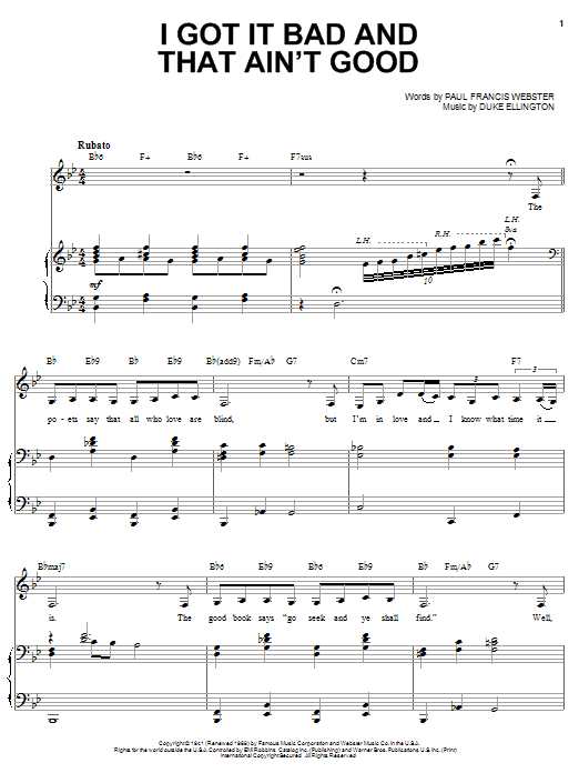 Learn to play Ella Fitzgerald I Got It Bad And That Ain't Good sheet music for Piano & Vocal in minutes. Ella Fitzgerald I Got It Bad And That Ain't Good sheet music notes and chords. Download Printable PDF.