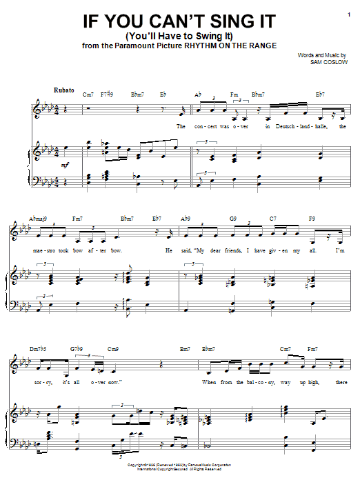 Learn to play Ella Fitzgerald If You Can't Sing It (You'll Have To Swing It) sheet music for Piano Chords/Lyrics in minutes. Price: 3.9900$ Ella Fitzgerald If You Can't Sing It (You'll Have To Swing It) sheet music notes and chords arranged for Piano Chords/Lyrics