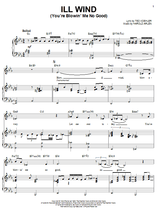 Learn to play Ella Fitzgerald Ill Wind (You're Blowin' Me No Good) sheet music for Piano, Vocal & Guitar (Right-Hand Melody) in minutes. Ella Fitzgerald Ill Wind (You're Blowin' Me No Good) sheet music notes and chords. Download Printable PDF.