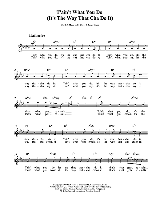 Preview Ella Fitzgerald Tain't What You Do Pop sheet music, notes and chords for Lead Sheet / Fake Book, SKU: 14174 sheet music, piano notes, chords, guitar tabs, score, transpose, transcribe, how to play, guide, download, learn, tutorial, progression, song, artist, awards, billboard, mtv, vh1, tour, single, album, release