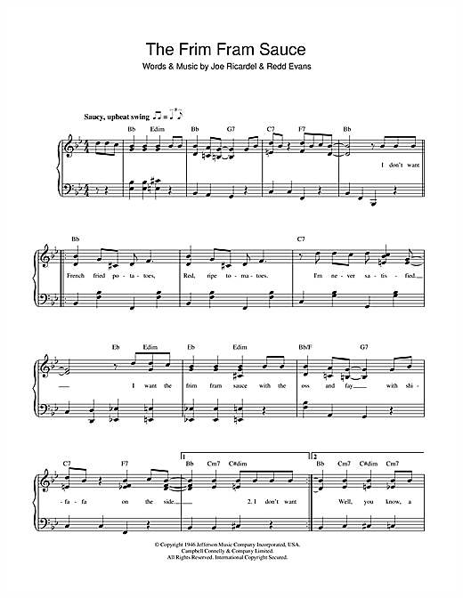 Learn to play Ella Fitzgerald The Frim Fram Sauce sheet music for Piano & Vocal in minutes. Ella Fitzgerald The Frim Fram Sauce sheet music notes and chords. Download Printable PDF.