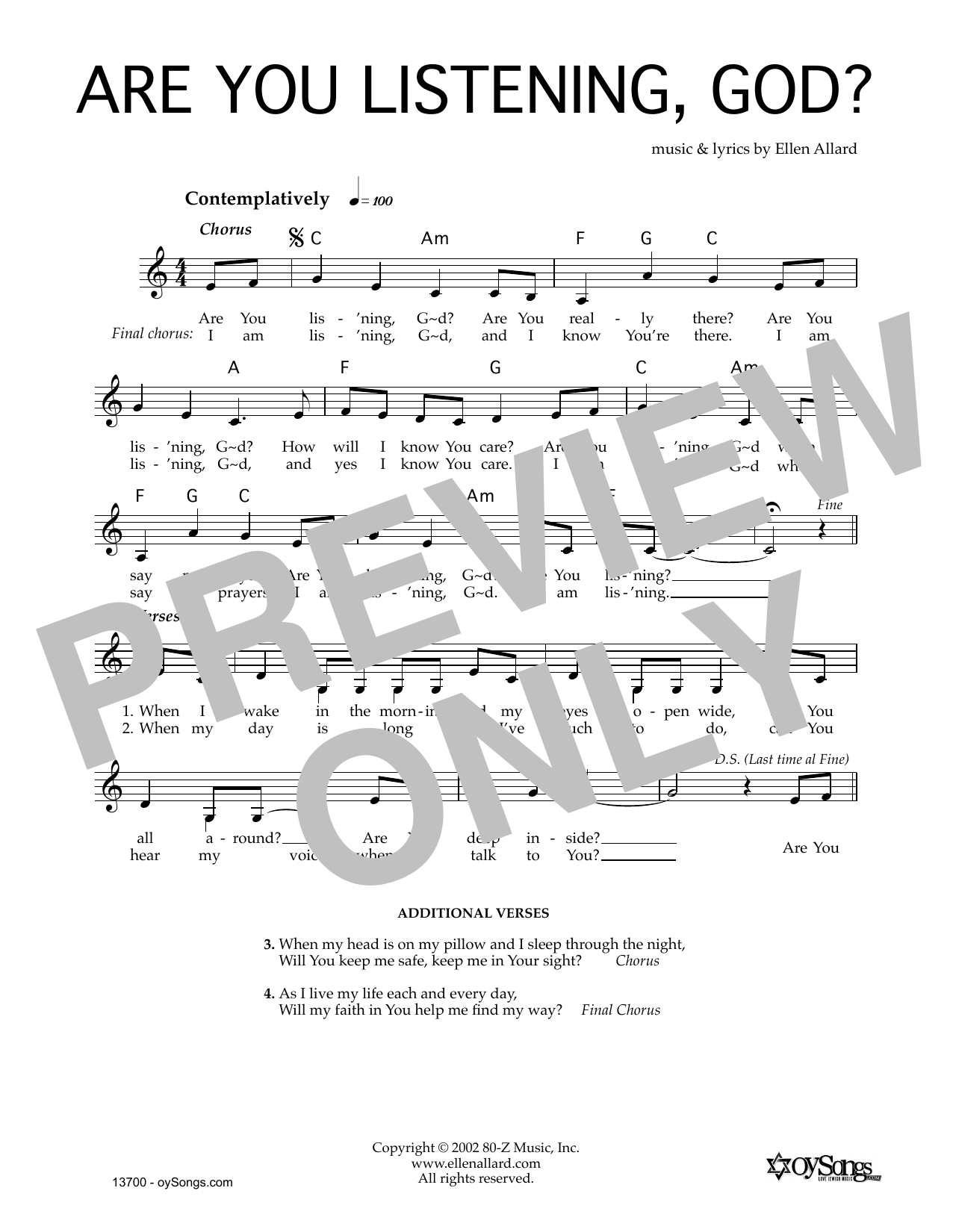 Learn to play Ellen Allard Are You Listening God sheet music for Lead Sheet / Fake Book in minutes. Price: 5.9900$ Ellen Allard Are You Listening God sheet music notes and chords arranged for Lead Sheet / Fake Book