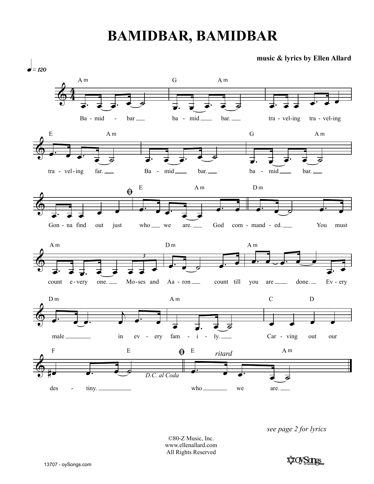 Ellen Allard Bamidbar Bamidbar sheet music notes and chords. Download Printable PDF.