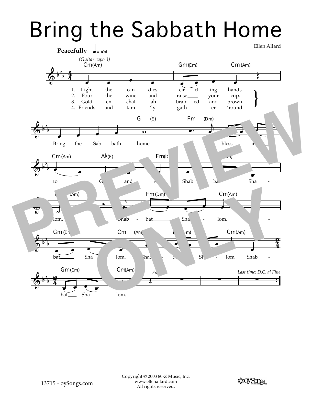 Ellen Allard Bring the Sabbath Home sheet music notes and chords arranged for Lead Sheet / Fake Book