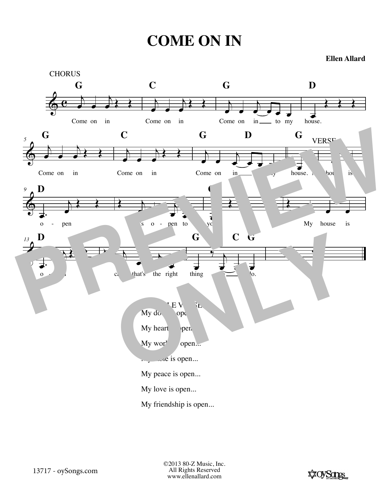 Ellen Allard Come On In sheet music notes and chords. Download Printable PDF.