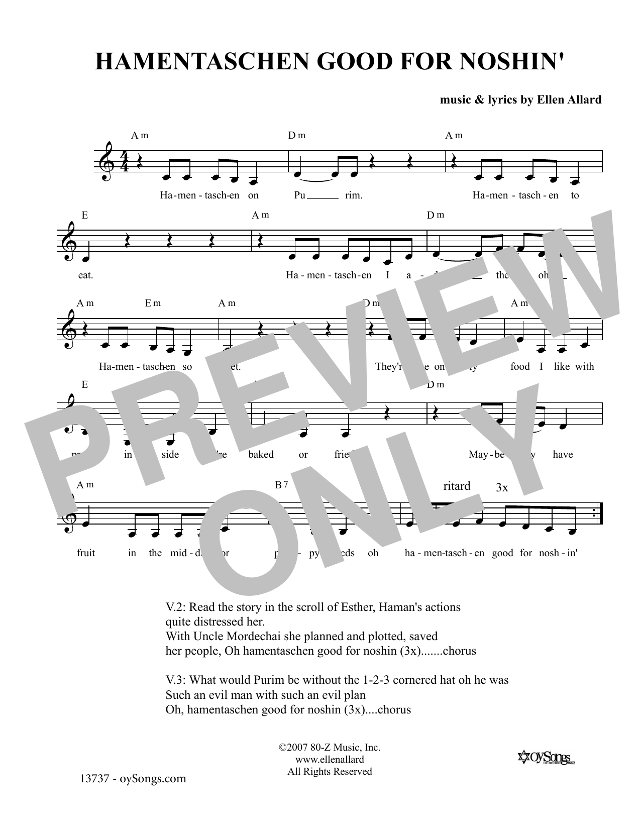 Learn to play Ellen Allard Hamentaschen Good For Noshin sheet music for Lead Sheet / Fake Book in minutes. Price: 5.9900$ Ellen Allard Hamentaschen Good For Noshin sheet music notes and chords arranged for Lead Sheet / Fake Book