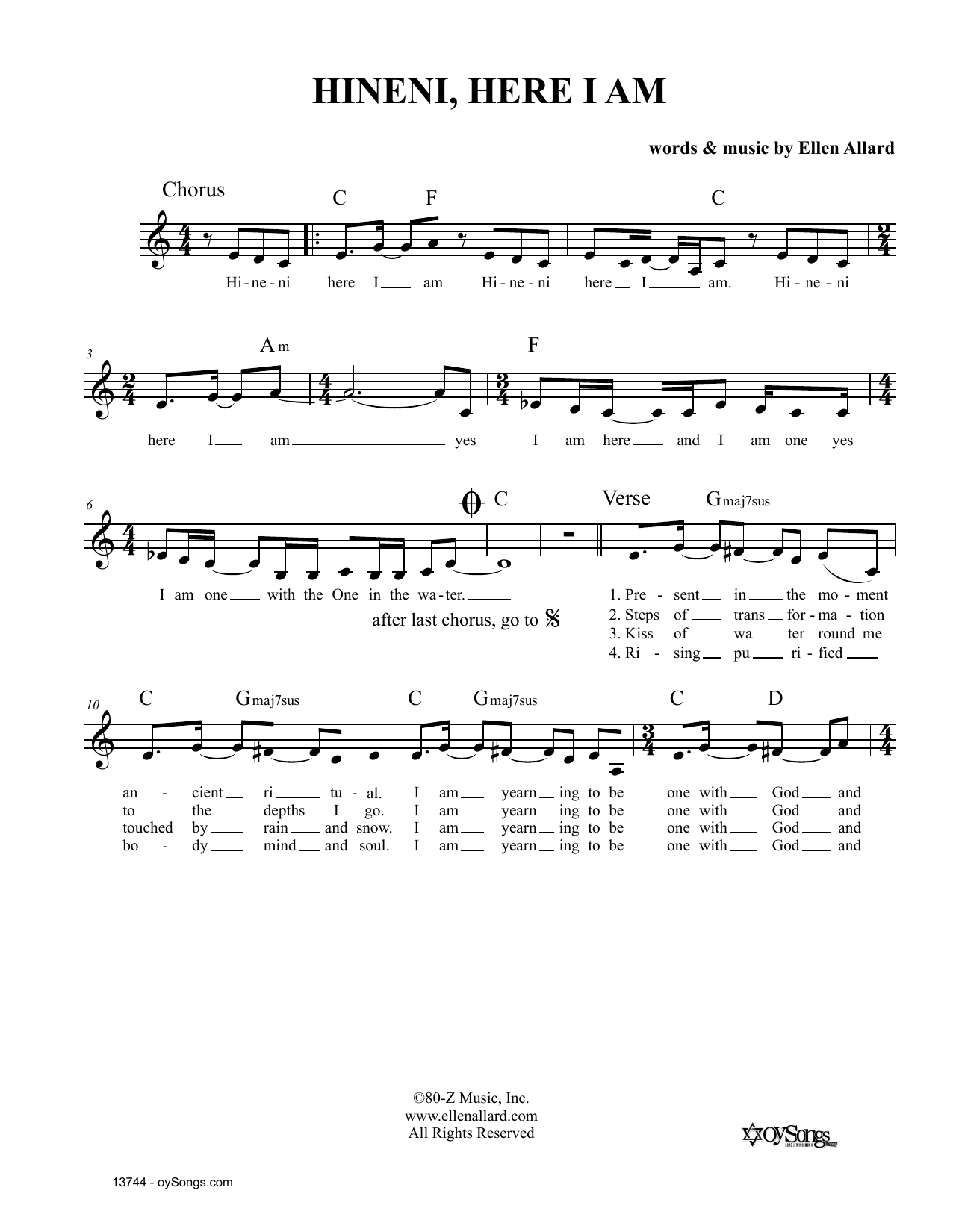 Learn to play Ellen Allard Hineni Here I Am sheet music for Lead Sheet / Fake Book in minutes. Ellen Allard Hineni Here I Am sheet music notes and chords. Download Printable PDF.