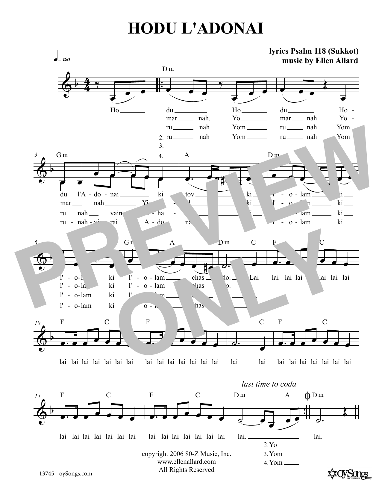 Ellen Allard Hodu L'Adonai sheet music notes and chords. Download Printable PDF.