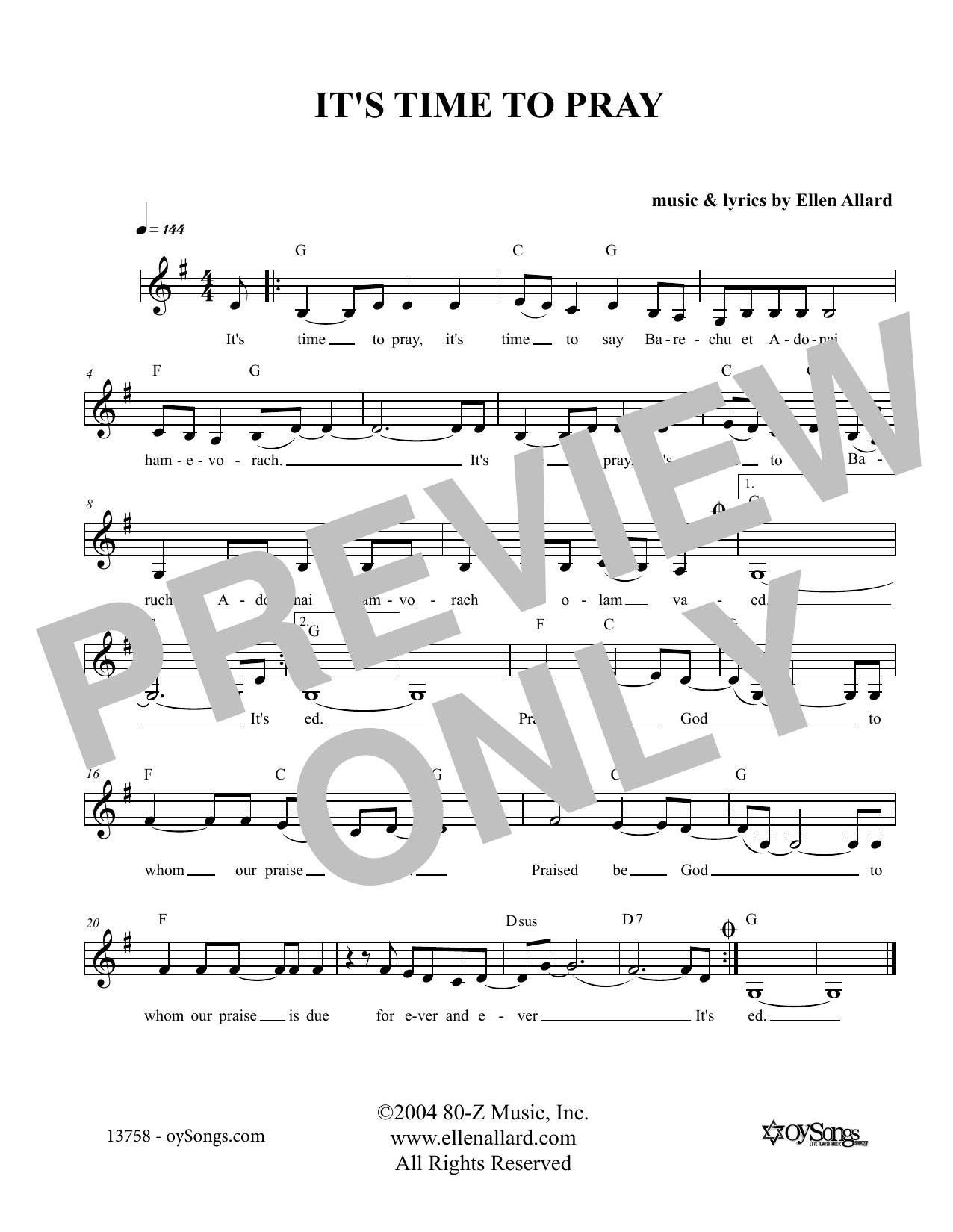 Ellen Allard It's Time To Pray sheet music notes and chords. Download Printable PDF.