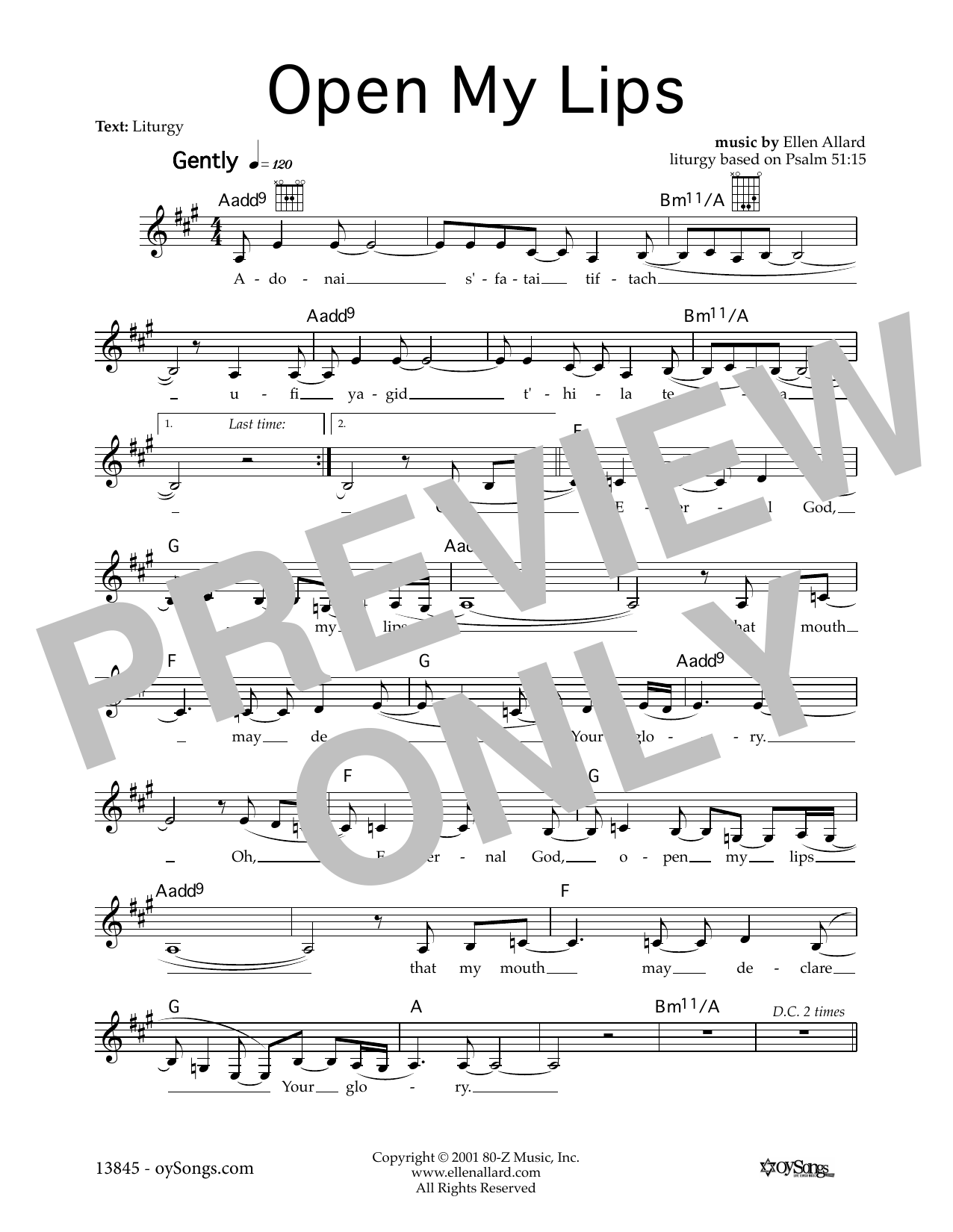 Ellen Allard Open My Lips sheet music notes and chords. Download Printable PDF.