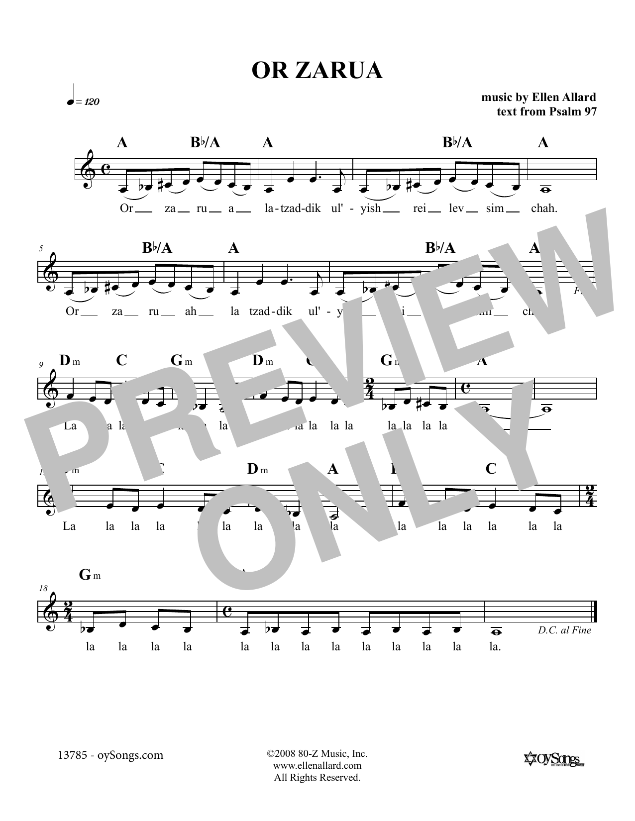 Ellen Allard Or Zaruah sheet music notes and chords. Download Printable PDF.