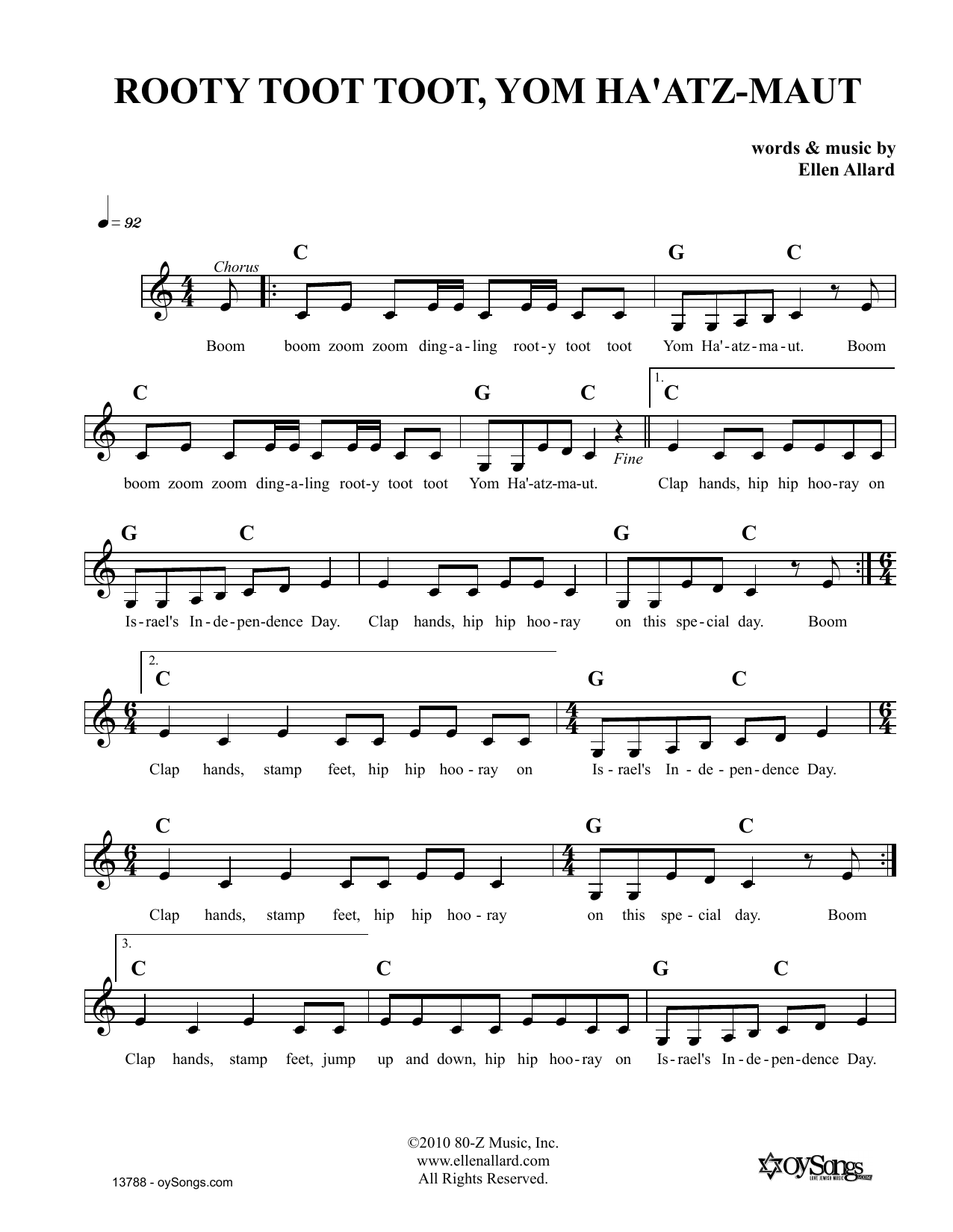 Learn to play Ellen Allard Rooty Toot Toot Yom Haatzmaut sheet music for Lead Sheet / Fake Book in minutes. Ellen Allard Rooty Toot Toot Yom Haatzmaut sheet music notes and chords. Download Printable PDF.