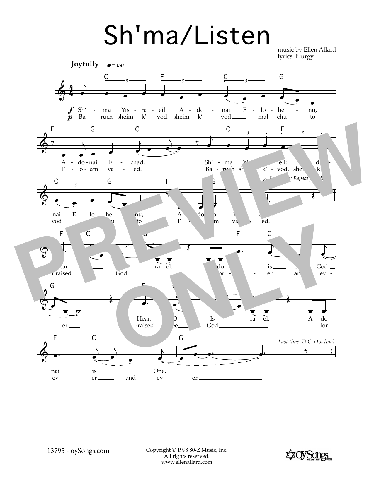 Learn to play Ellen Allard Sh'ma-Listen sheet music for Lead Sheet / Fake Book in minutes. Ellen Allard Sh'ma-Listen sheet music notes and chords. Download Printable PDF.