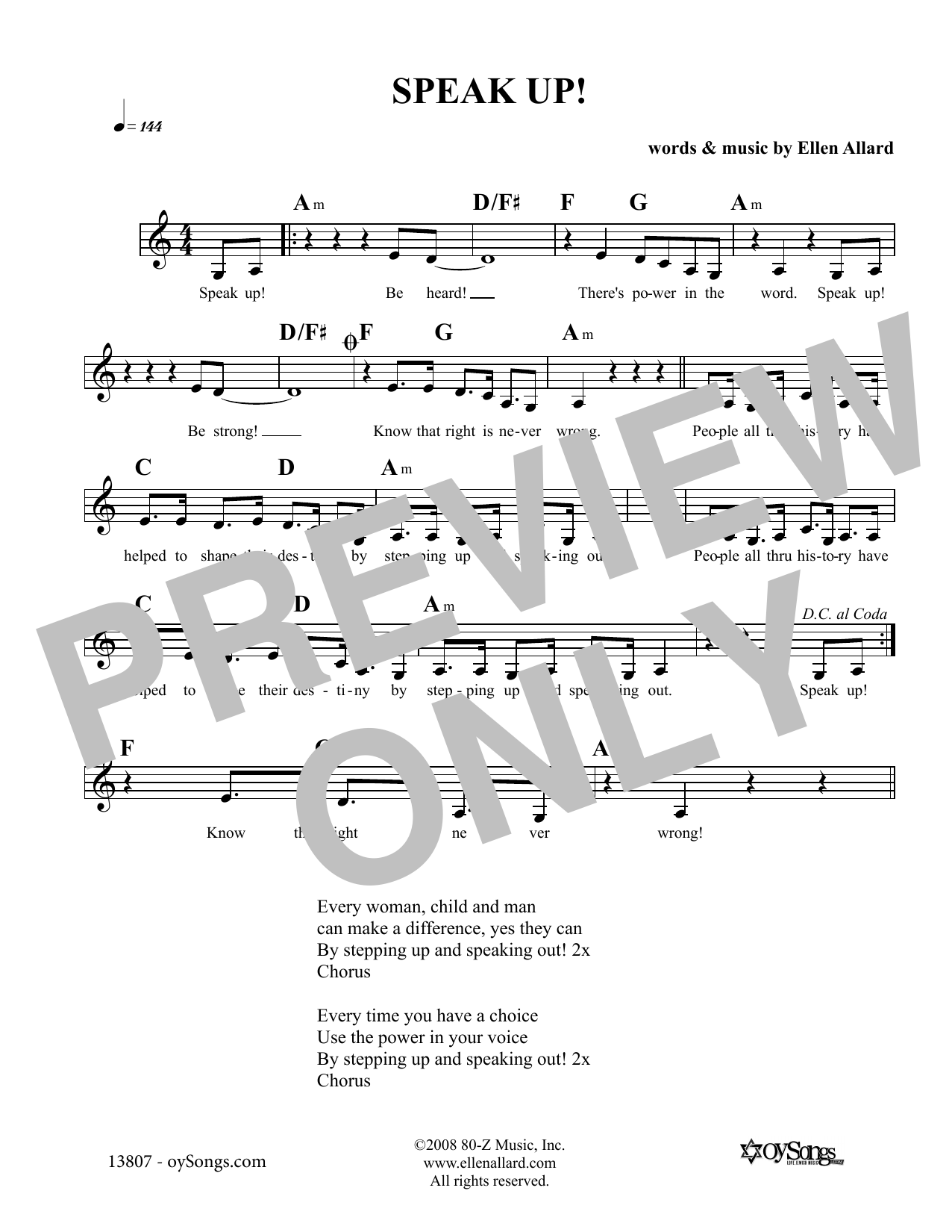 Ellen Allard Speak Up sheet music notes and chords. Download Printable PDF.