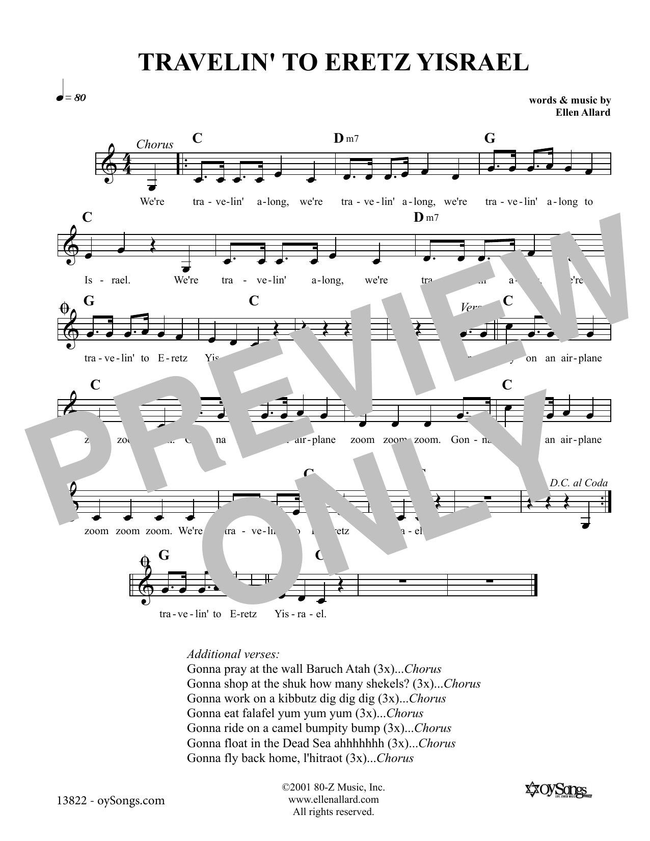 Learn to play Ellen Allard Travelin' To Eretz Yisrael sheet music for Lead Sheet / Fake Book in minutes. Price: 5.9900$ Ellen Allard Travelin' To Eretz Yisrael sheet music notes and chords arranged for Lead Sheet / Fake Book