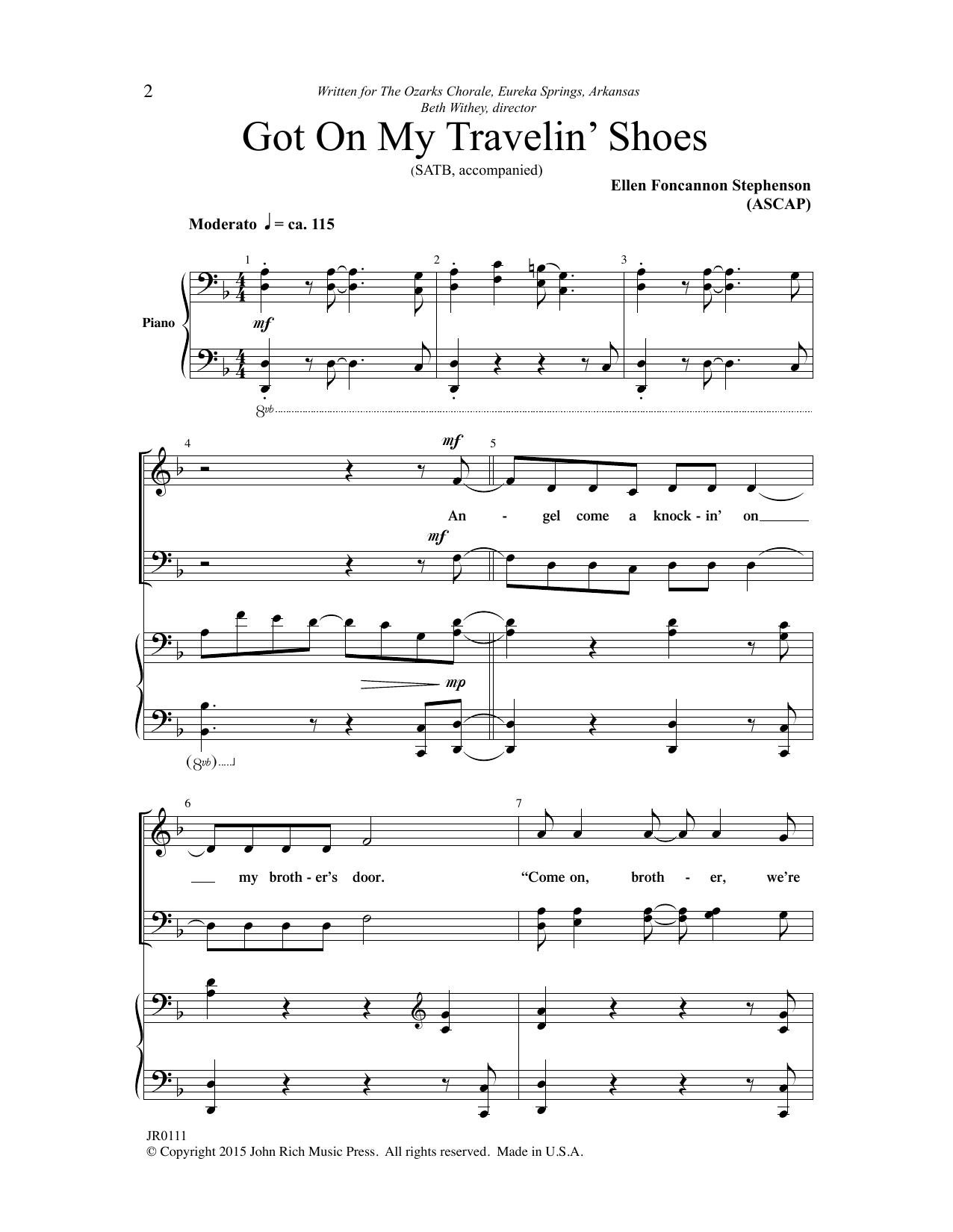 Learn to play Ellen Foncannon Stephenson Got on My Travelin' Shoes sheet music for SATB Choir in minutes. Price: 3.9900$ Ellen Foncannon Stephenson Got on My Travelin' Shoes sheet music notes and chords arranged for SATB Choir