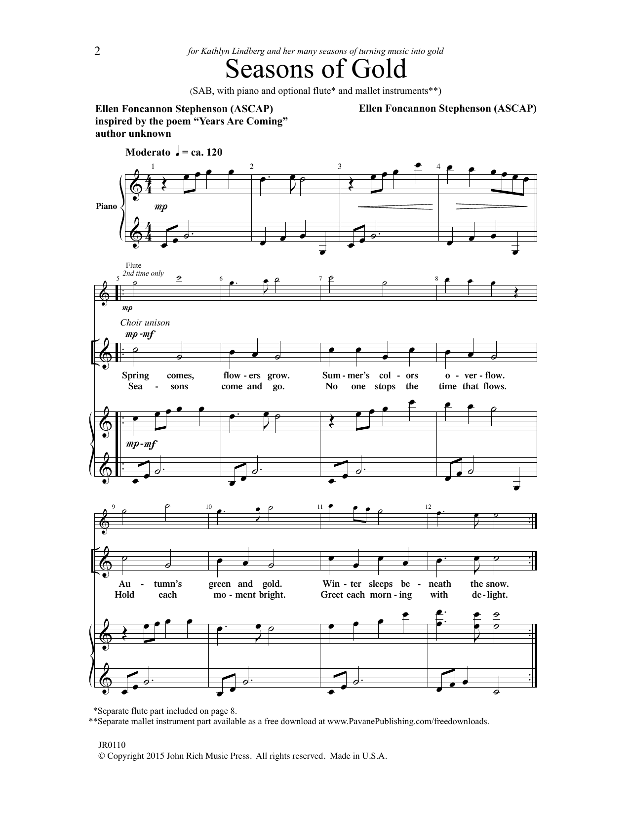 Learn to play Ellen Foncannon Stephenson Seasons of Gold sheet music for SAB Choir in minutes. Price: 3.9900$ Ellen Foncannon Stephenson Seasons of Gold sheet music notes and chords arranged for SAB Choir